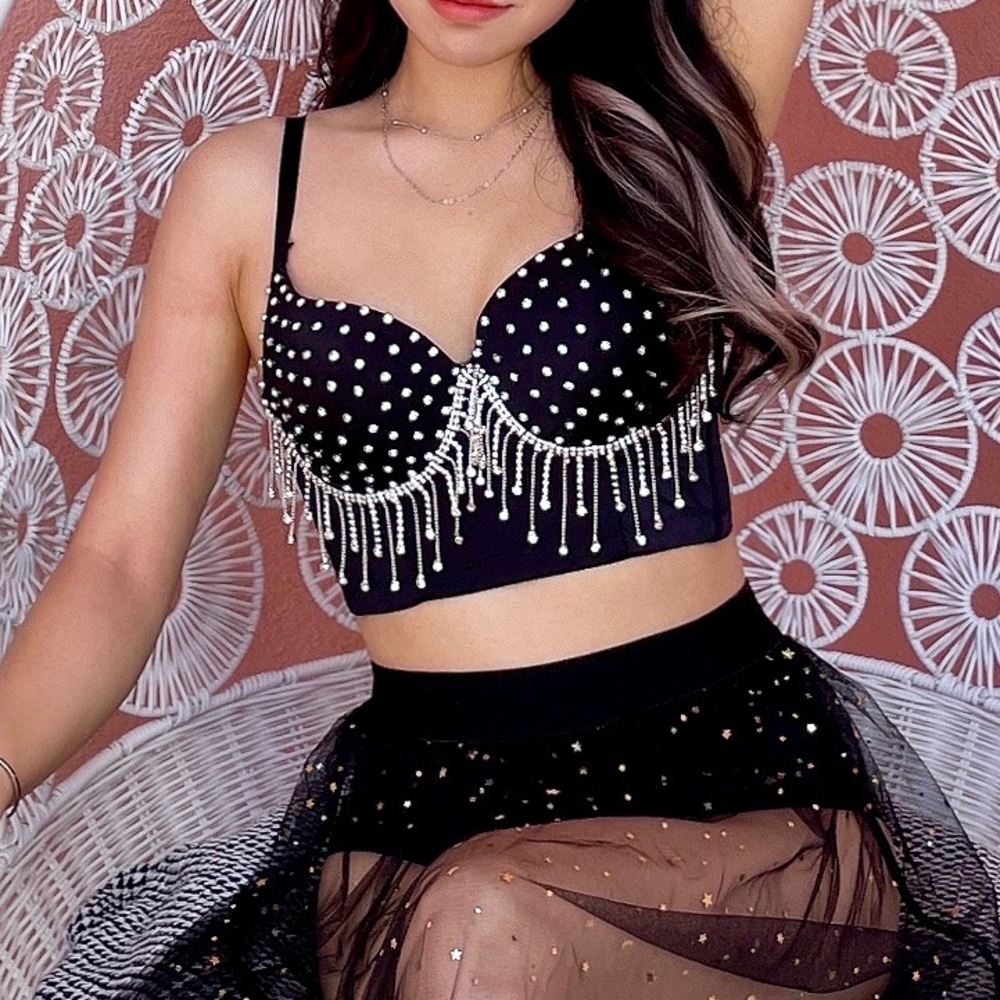 Rhinestone fringe cami top